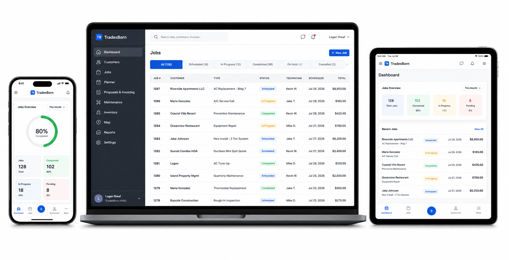 Tradesborn dashboard shown on a phone, laptop, and iPad
